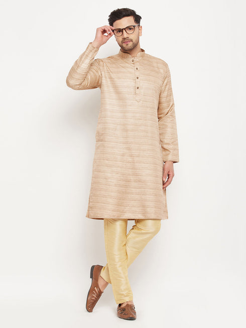 Vastramay Men's Beige Matka Silk Kurta and Gold Pant Style Pyjama Set